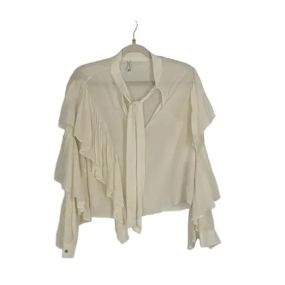 ZARA Women's Cream Sheer Ruffled Tie Neck Long Sleeve Blouse Top Size USA XS - Picture 2 of 10